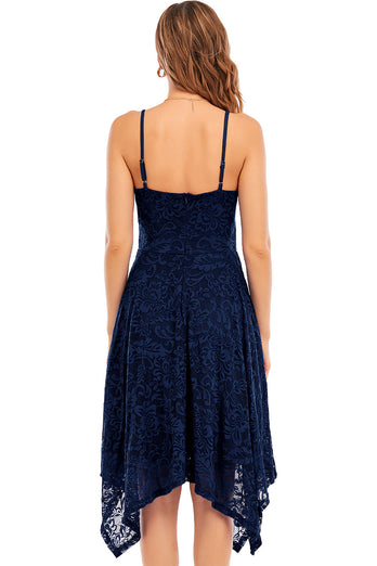 Navy Spaghetti Straps High Low Lace Party Dress