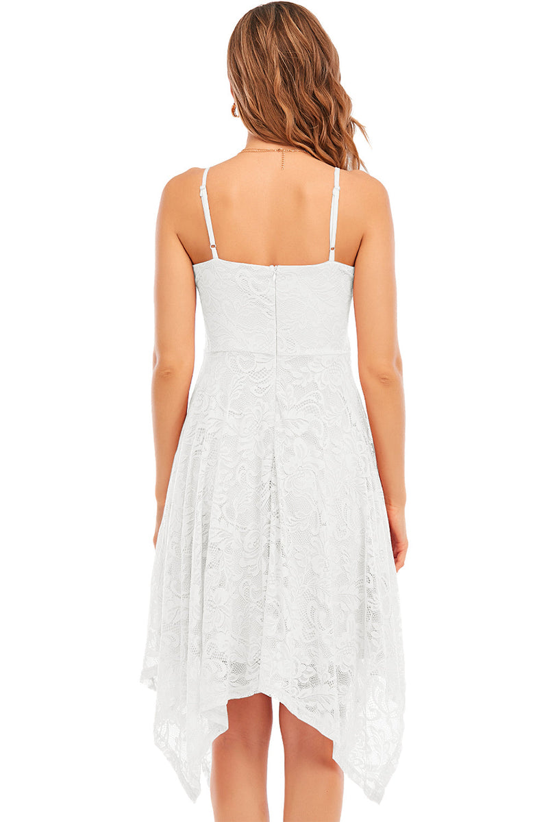 Load image into Gallery viewer, White Spaghetti Straps High Low Lace Party Dres