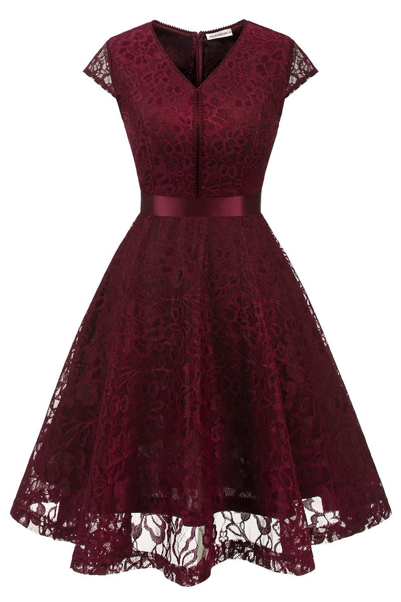 Load image into Gallery viewer, Navy V Neck Lace Bridesmaid Dress