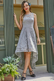 Grey Asymmetry Lace Dress