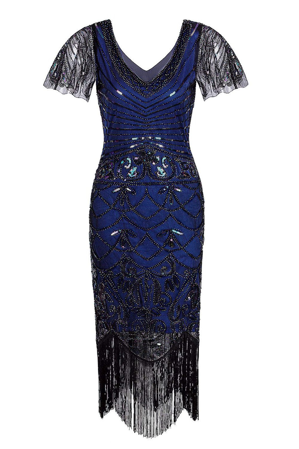 Navy Blue V Neck Sequin Fringe Flapper 1920s Dress