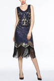 Navy V Neck 1920s Fringe Sequin Flapper Dress