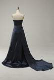 A Line Sweetheart Navy Long Prom Dress with Split Front