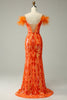 Load image into Gallery viewer, Orange Sequins Off the Shoulder Mermaid Prom Dress with Feathers