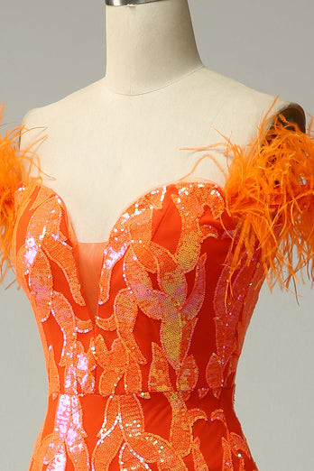 Orange Sequins Off the Shoulder Mermaid Prom Dress with Feathers