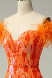 Orange Sequins Off the Shoulder Mermaid Prom Dress with Feathers