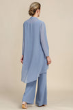 Grey Blue Long Sleeves 3 Piece Mother of the Bride Pant Suits