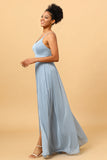 Dusty Blue A-Line Long Chiffon Bridesmaid Dress with Slit