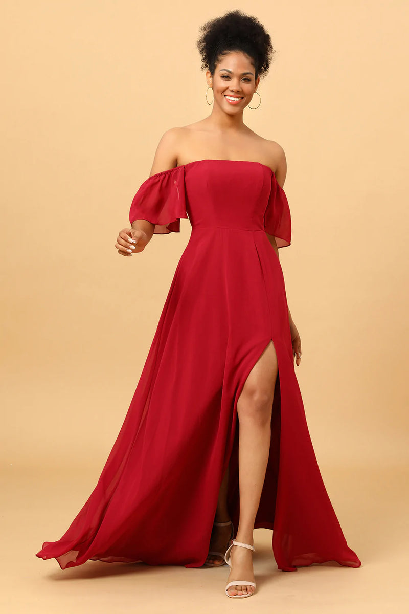 Load image into Gallery viewer, Burgundy Off the Shoulder Chiffon Bridesmaid Dress with Slit