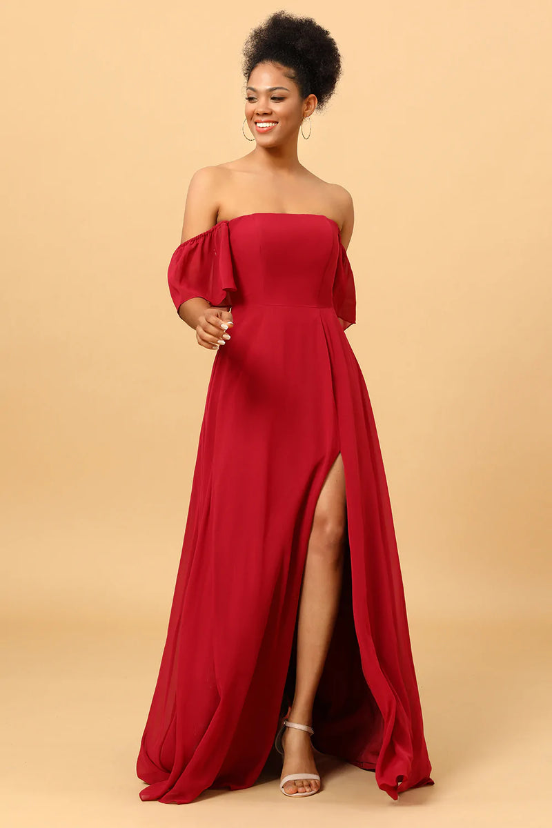 Load image into Gallery viewer, Burgundy Off the Shoulder Chiffon Bridesmaid Dress with Slit