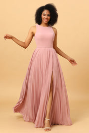 Blush Long Chiffon Pleated Bridesmaid Dress with Slit