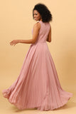 Blush Long Chiffon Pleated Bridesmaid Dress with Slit