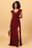 Chiffon Burgundy Bridesmaid Dress with Slit