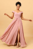 Ruffles Chiffon Pink Bridesmaid Dress with Slit