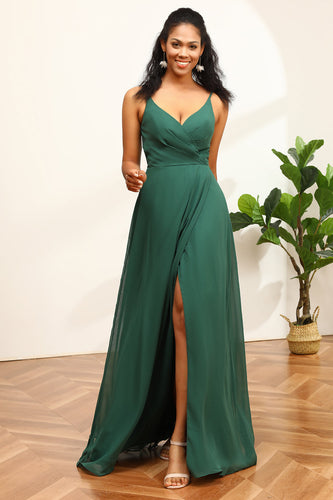 Dark Green Spaghetti Straps Bridesmaid Dress With Lace
