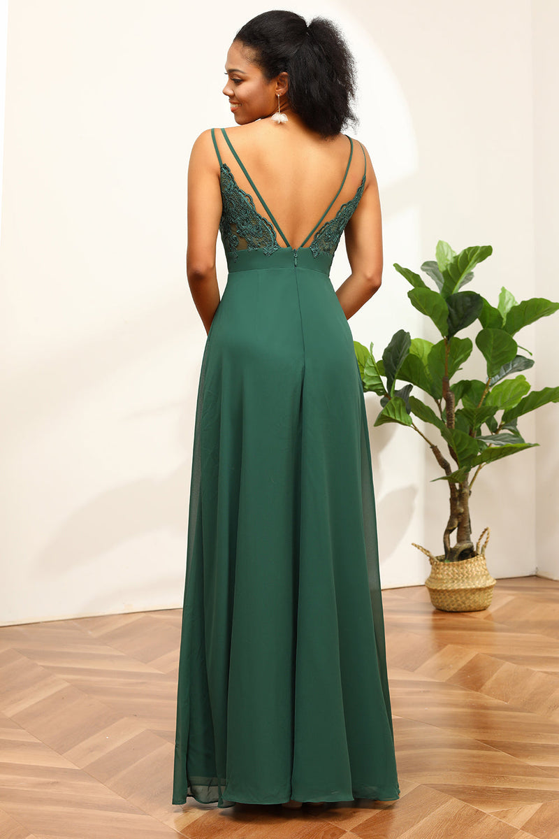 Load image into Gallery viewer, Dark Green Spaghetti Straps Bridesmaid Dress With Lace