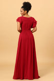 Chiffon Burgundy Bridesmaid Dress with Ruffles Sleeves