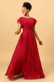 Chiffon Burgundy Bridesmaid Dress with Ruffles Sleeves