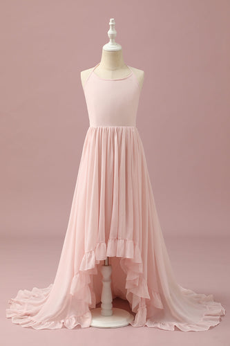Light Pink Chiffon Halter High Low Junior Bridesmaid Dress