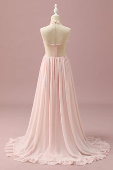 Light Pink Chiffon Halter High Low Junior Bridesmaid Dress
