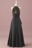 Black Halter Neck A-Line Junior Bridesmaid Dress With Cascading Ruffles