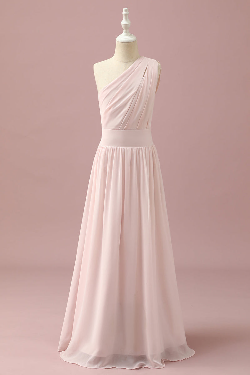 Load image into Gallery viewer, Light Pink Chiffon One Shoulder Junior Bridesmaid Dress