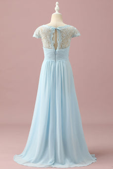 Light Blue Lace and Chiffon V-Neck Junior Bridesmaid Dress