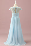 Light Blue Lace and Chiffon V-Neck Junior Bridesmaid Dress