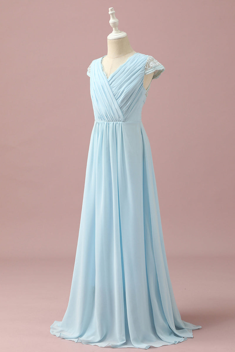 Load image into Gallery viewer, Light Blue Lace and Chiffon V-Neck Junior Bridesmaid Dress