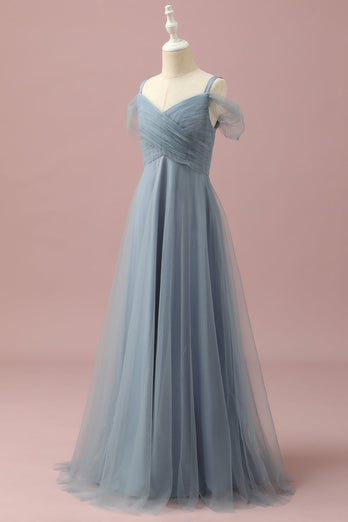 Grey Blue Cold Shoulder Tulle Junior Bridesmaid Dress