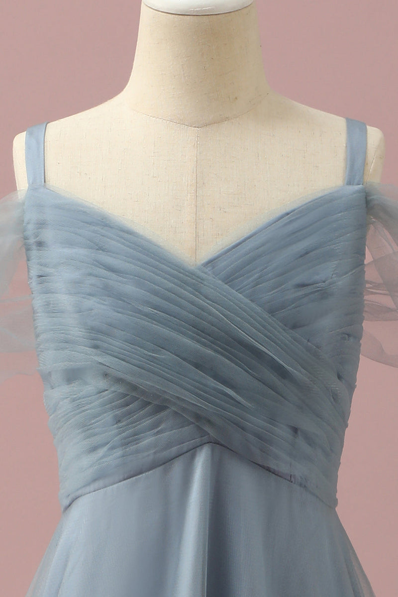 Load image into Gallery viewer, Grey Blue Cold Shoulder Tulle Junior Bridesmaid Dress