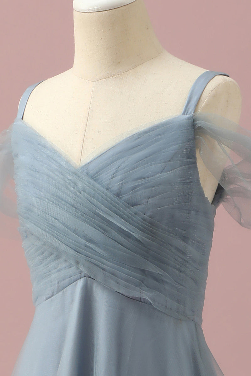 Load image into Gallery viewer, Grey Blue Cold Shoulder Tulle Junior Bridesmaid Dress