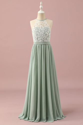 Green Lace and Chiffon Halter Junior Bridesmaid Dress