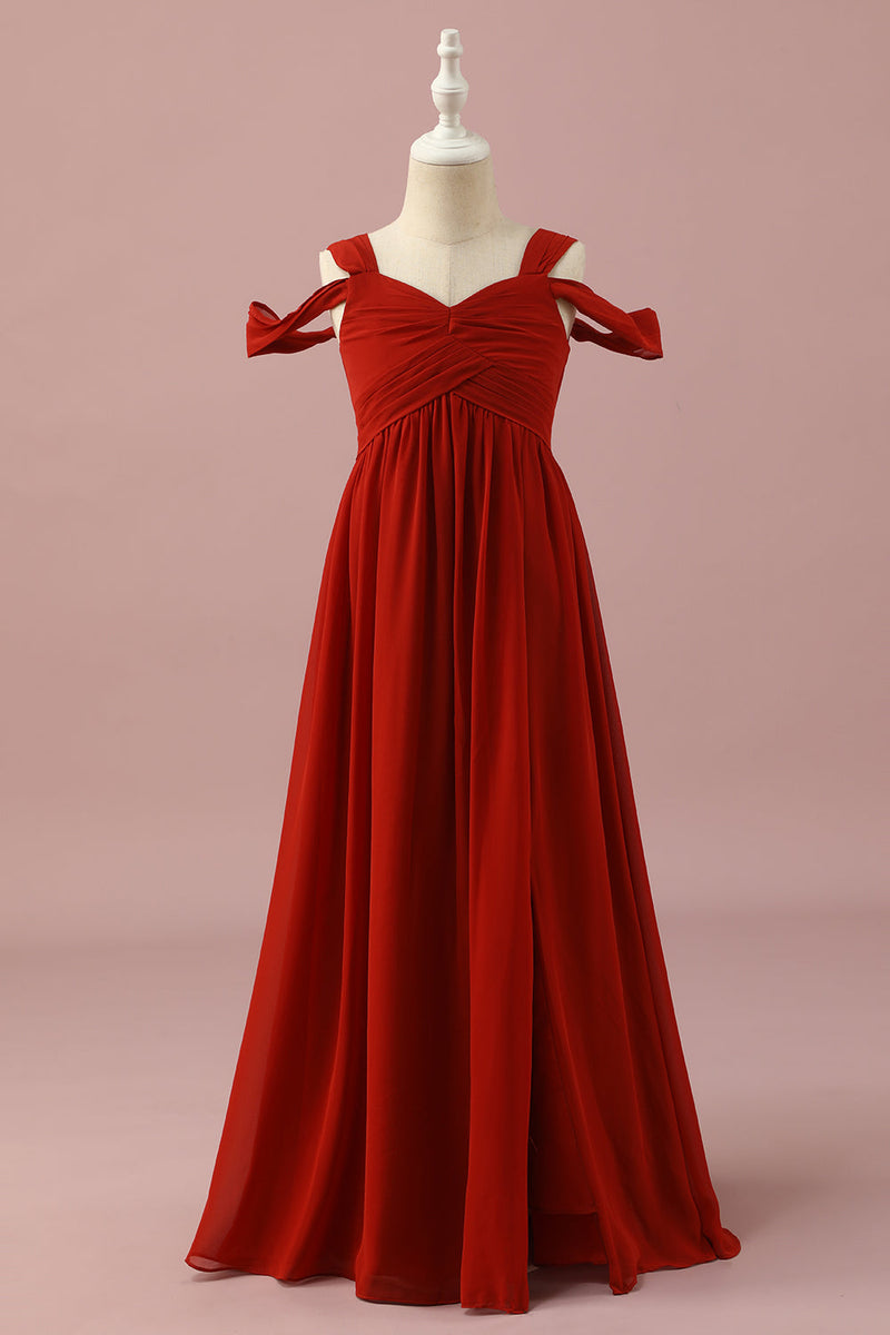 Load image into Gallery viewer, Red Chiffon Cold Shoulder Junior Bridesmaid Dress