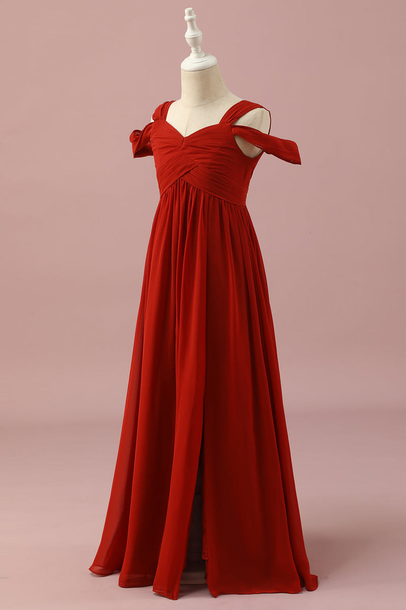 Load image into Gallery viewer, Red Chiffon Cold Shoulder Junior Bridesmaid Dress