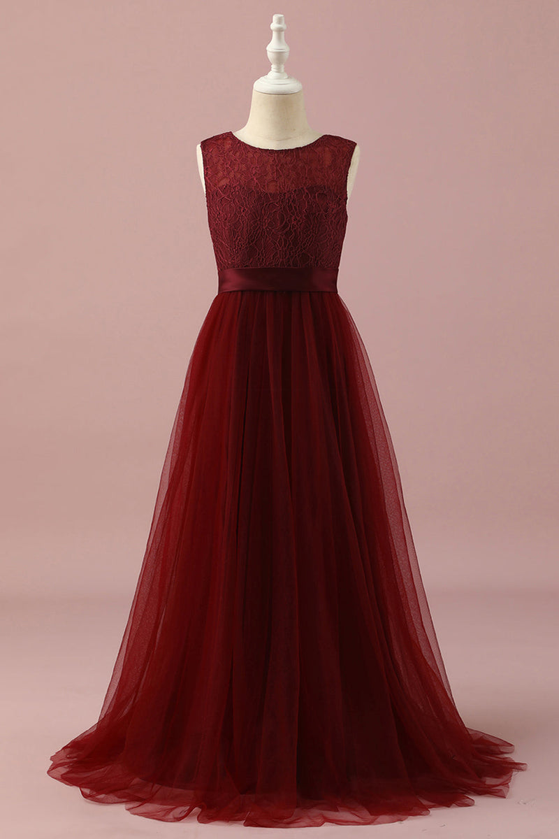 Load image into Gallery viewer, Burgundy Lace and Tulle Junior Bridesmaid Dress