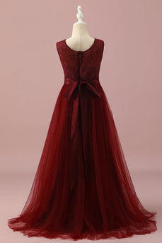 Burgundy Lace and Tulle Junior Bridesmaid Dress