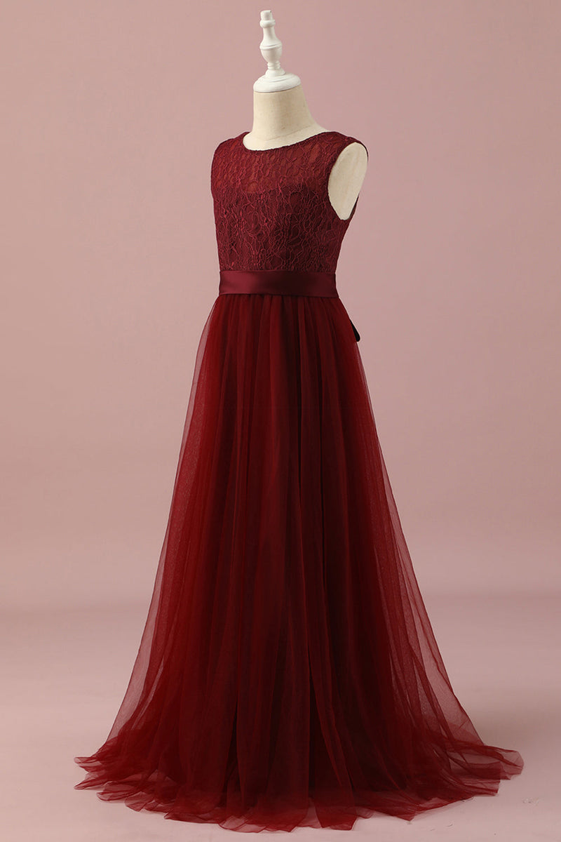Load image into Gallery viewer, Burgundy Lace and Tulle Junior Bridesmaid Dress