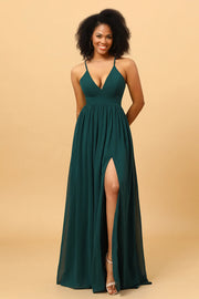 Chiffon Spaghetti Straps Green Bridesmaid Dress with Slit