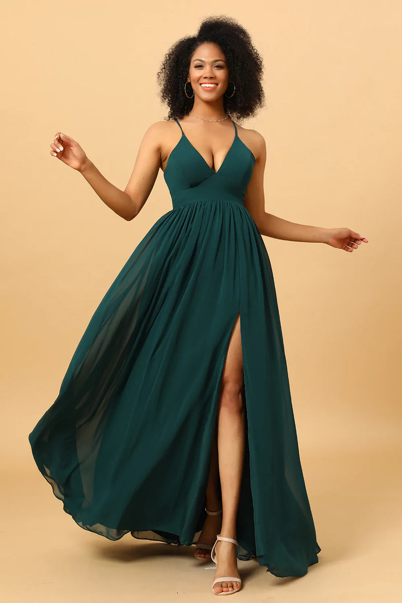 Load image into Gallery viewer, Chiffon Spaghetti Straps Green Bridesmaid Dress with Slit