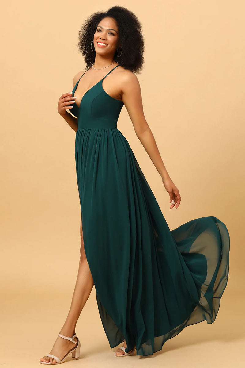 Load image into Gallery viewer, Chiffon Spaghetti Straps Green Bridesmaid Dress with Slit