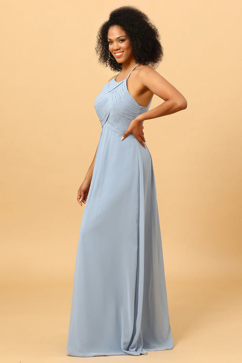 Load image into Gallery viewer, Halter Chiffon Blue Bridesmaid Dress with Ruffles