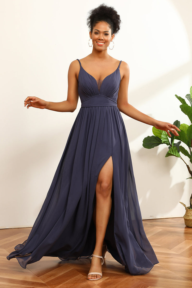 Load image into Gallery viewer, Dusty Blue Ruched Long Chiffon Bridesmaid Dress with Slit