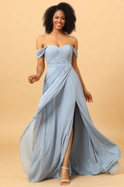 Off Shoulder Chiffon Blue Bridesmaid Dress with Slit