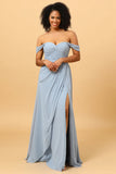 Off Shoulder Chiffon Blue Bridesmaid Dress with Slit