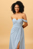 Load image into Gallery viewer, Off Shoulder Chiffon Blue Bridesmaid Dress with Slit
