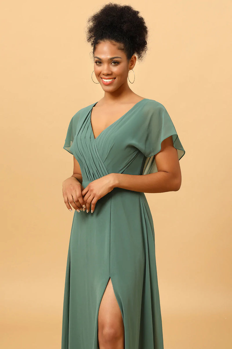Load image into Gallery viewer, Chiffon A-line Green Bridesmaid Dress with Slit