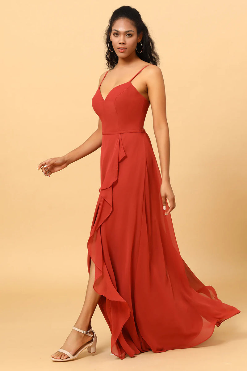 Load image into Gallery viewer, Spaghetti Straps Chiffon A-line Bridesmaid Dress with Slit