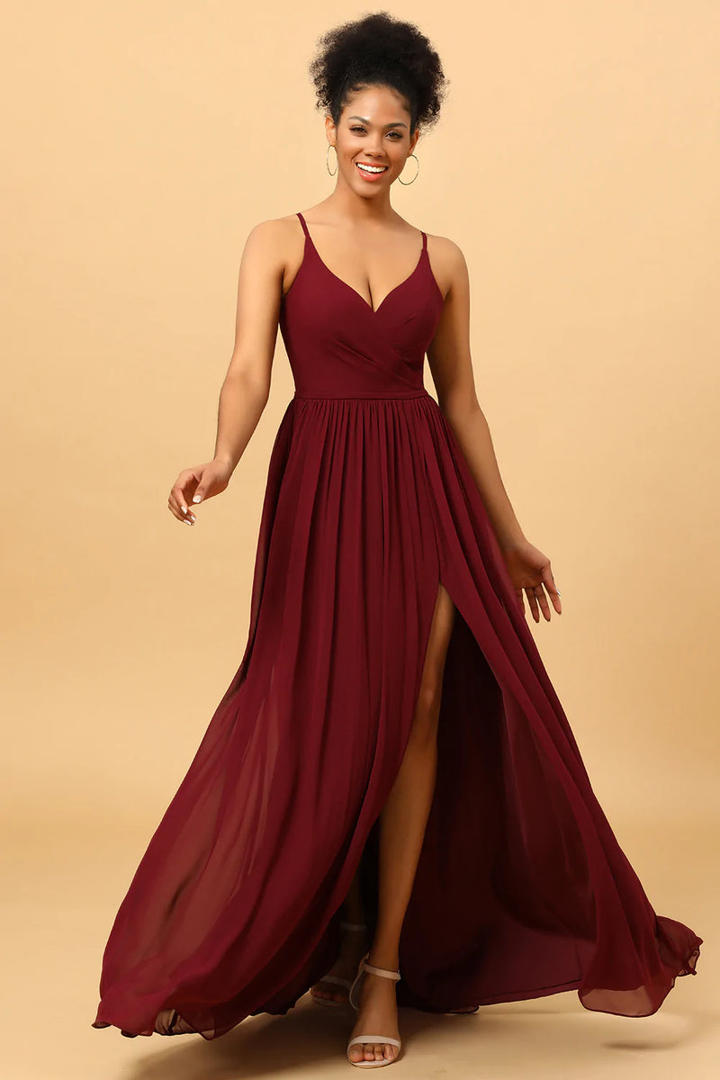Load image into Gallery viewer, A-Line Chiffon Burgundy Bridesmaid Dress with Slit