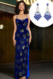 Royal Blue Mermaid Spaghetti Straps Sequins Long Prom Dress with Accessory